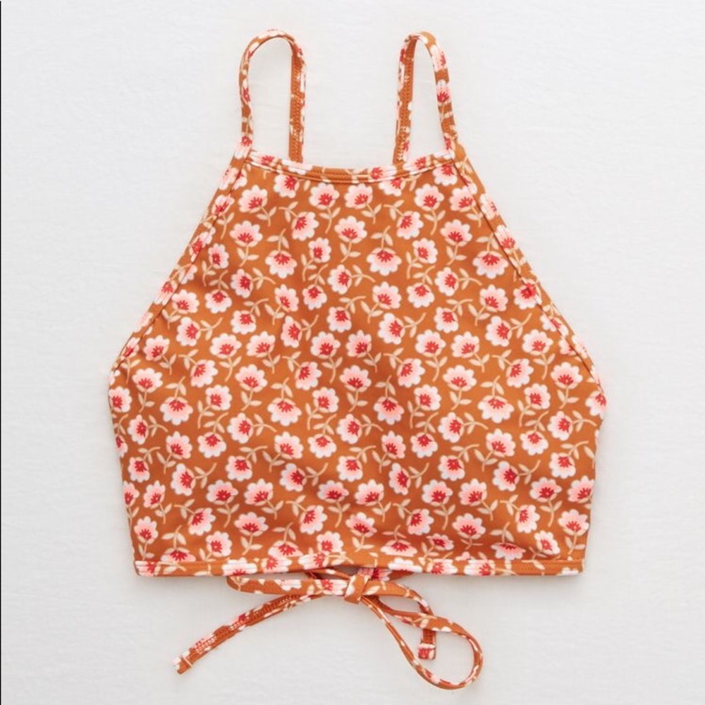 Aerie Cross Strap High Neck Floral Bikini Top